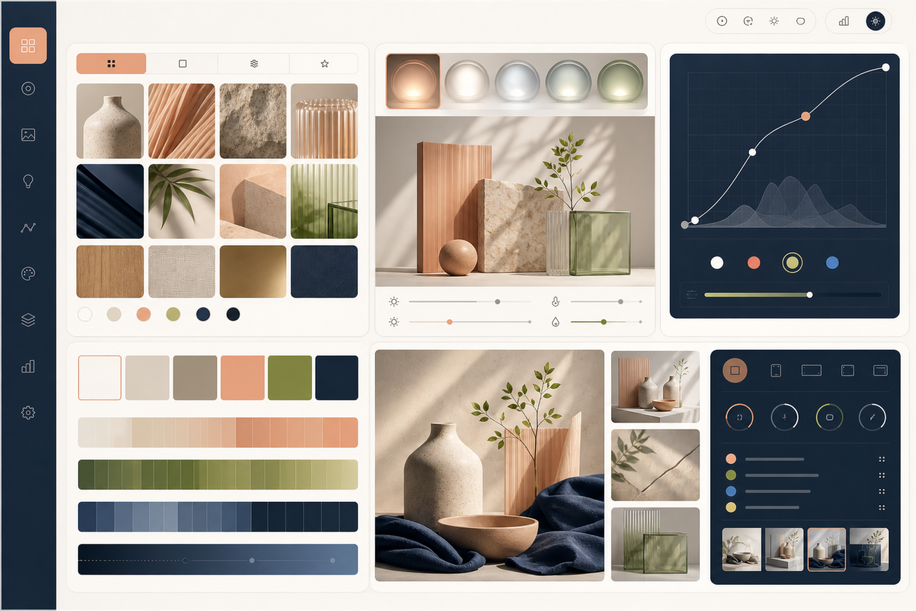 A complete brand-memory workspace with materials, palettes, and campaign imagery