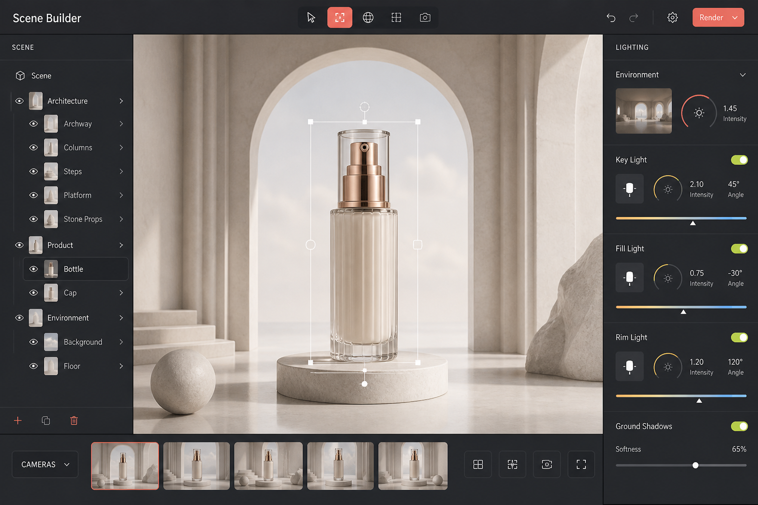 Scene-builder interface with a product placed in a custom world